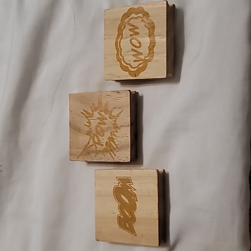 Set of 3 Comic Book Phrase Clouds, BOOM, POW, Wow phrase Wooden Rubber Stamps